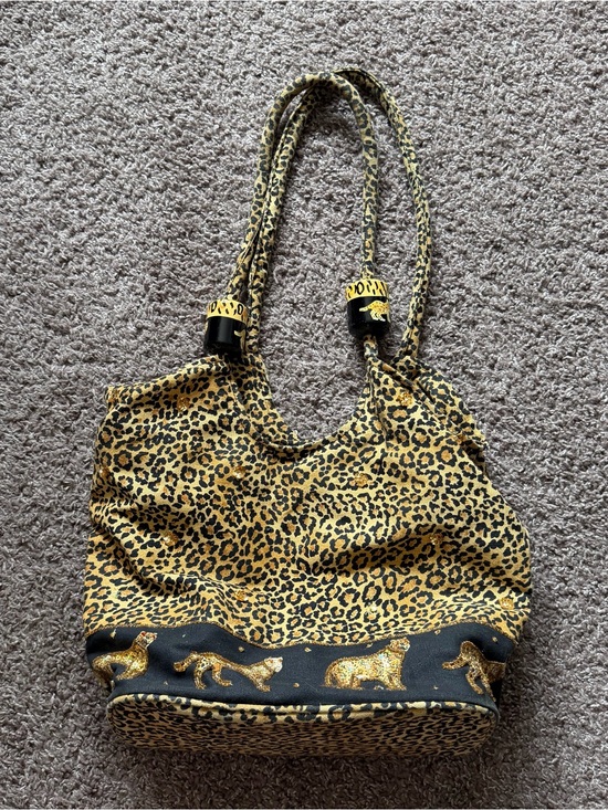 Handbags - Rare Vintage Leopard Print Sequin Tote Bag With Wooden Charms